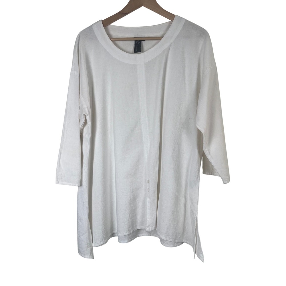 Focus Casual Life White 100% Cotton Textured Lagenlook Top 3/4 Sleeve Medium